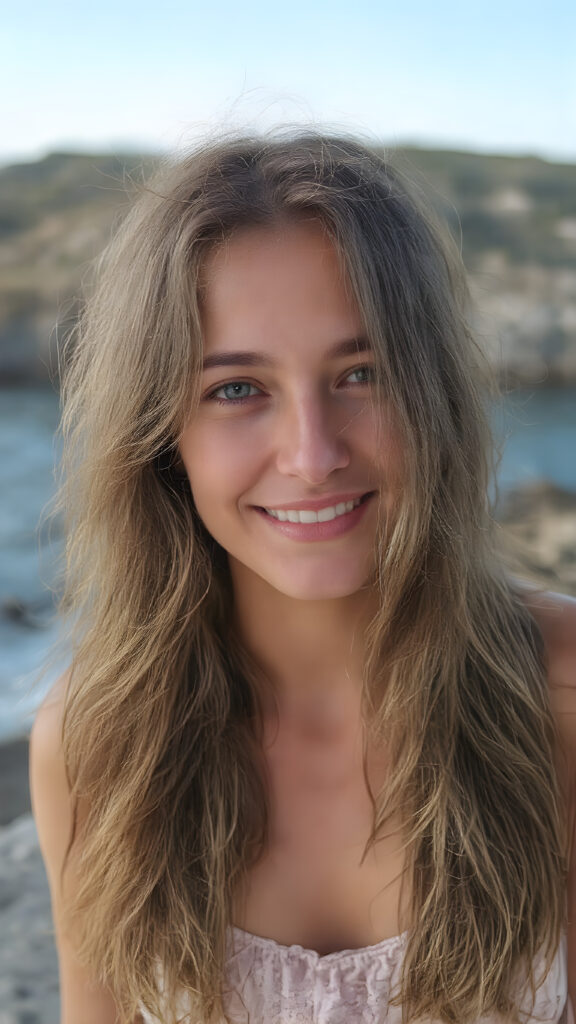 A (((very beautiful real person))), with incredibly long, wavy brown hair that flows gracefully around her face, reflecting the warm glow of the sun she shines from, set against a backdrop of a (beautiful new Zealand coastline) where she’s from. She’s dressed in a casual yet playful summer dress, with white sandals and a pastel color scheme, enhancing her youthful features. Her smile radiates warmth and vitality, completing the perfect summer scene
