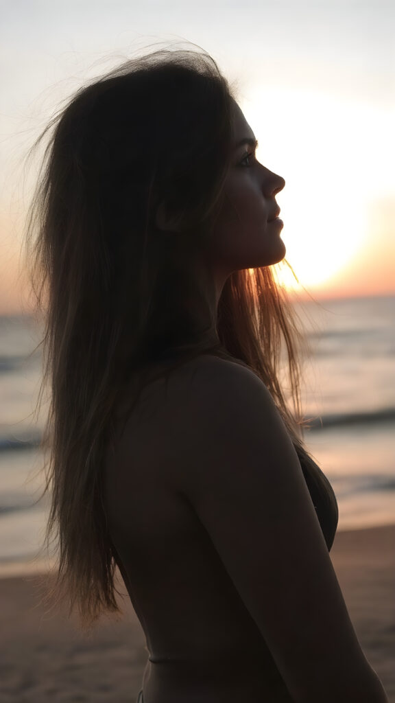 A (((very beautiful upper body silhouette of a girl in profile))), with intricate details and (((full, straight long flowing hair))) that extends outwards like a flowing cloak, in the style of classic black and white photography, capturing her perfectly serene yet dynamic poses at the beach during a breathtakingly beautiful sunset (with a very slightly curvy body)