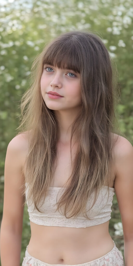 A (((very cute young girl))), age 18, with luxuriously long, straight thick wavy hair that extends past her shoulders and bangs that are cut to frame her face, dressed in a (((high-cut tank top))) that accentuates her (((perfect navel))) and (soft, youthful thighs). Her face is flawless with (clear skin) and (full, rosy lips) that add to her youthful appeal. She poses (full body side view) on a natural spring backdrop, highlighting her (navel) and (soft legs) in a playful yet sophisticated spring floral outfit