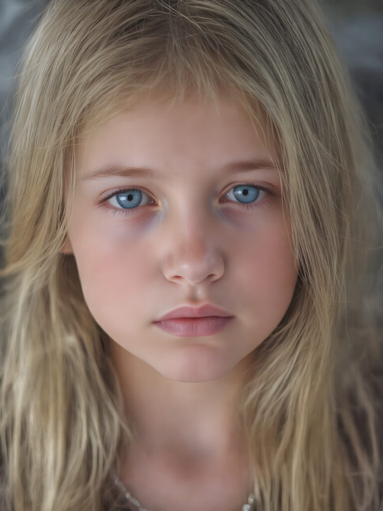 A (((very cute young girl), with (((extremely long, straight, thick, untucked natural white golden blonde hair))), which flows down to her hips, and (bright natural blue eyes), that reflect a soft glow, framing a (full, round face) with (full, defined lips) that are painted in (soft, natural tones) and (barely parted) to convey a sense of fatigue. Her expression is one of (extreme tiredness) and her hair is (pretty much untucked) with (pretty natural amber eyes) that convey a sense of (natural beauty). A ((perfectly detailed and evenly distributed 16K resolution, with intricate details and a warm, inviting tone, that gives off a (soft, natural glow))) completes this image, which exudes an (extreme feeling of tiredness) that is both inviting and (hyper realistic).