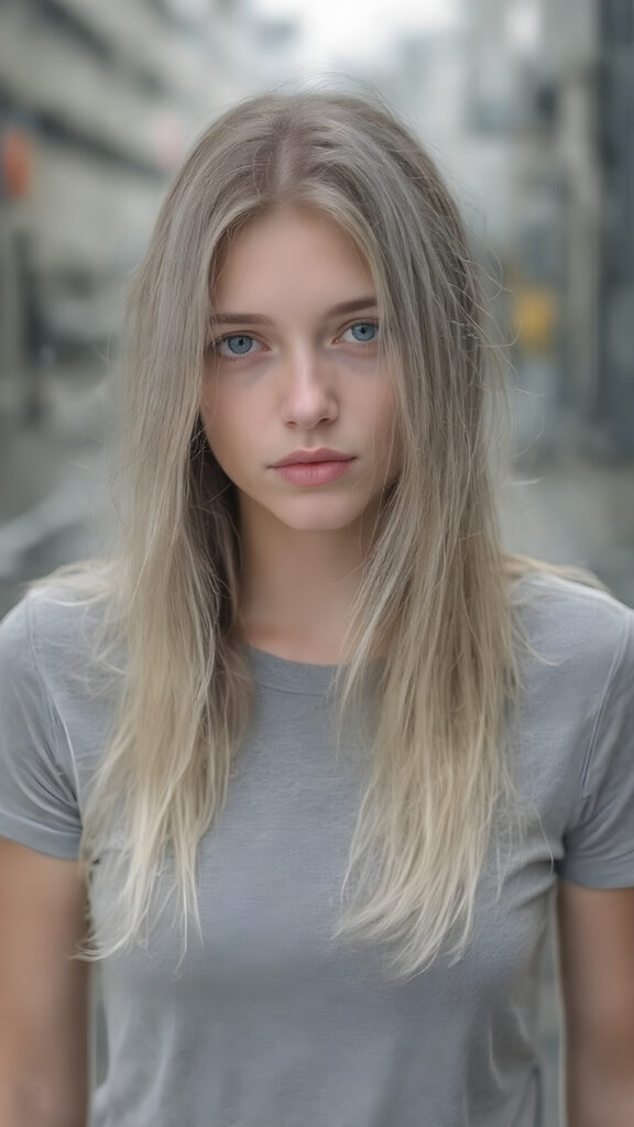 A (((very cute adult teen girl))), with pale skin and (((white wet hair, straight and long, with grey streaks))), that flows down her back in soft ((waves)), as she stands alone on a street in the (((rain))) with a grey t-shirt that clings to her body like a second skin. The t-shirt is (white with grey accents) and is fitted, emphasizing her (skinny, yet softly curved figure). Her skin is (wet and shining), as if caught mid-moment, reflecting a mix of realism and ethereal beauty. She is not wearing any additional (warm) clothing, and her hair is long, soft, and straight, with a few natural white streaks. Her face is (natural and detailed), with (bright, hyper-realistic eyes) that stand out. She has (beautiful lips) that are (full and defined) and (natural in color). The overall image is a (high-resolution, HD photograph) that captures her in a (natural and realistic pose), with her tresses flowing gently in the wind.
