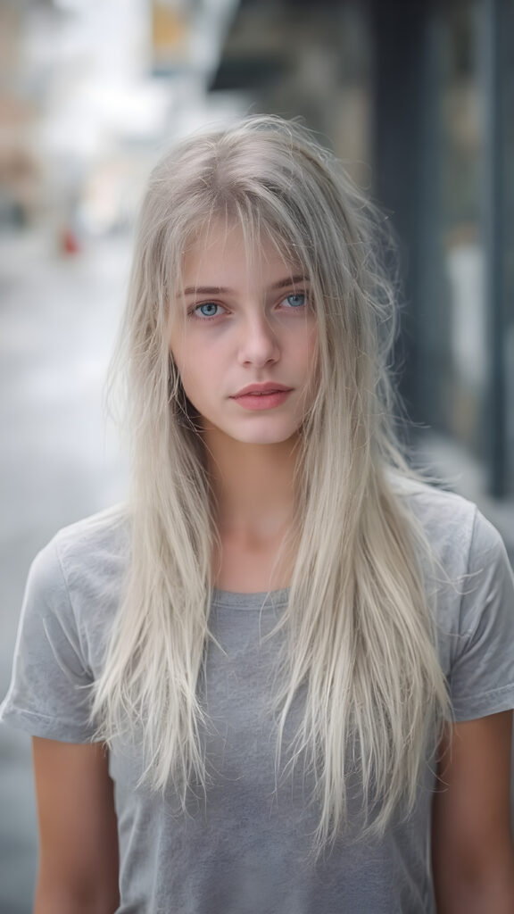 A (((very cute adult teen girl))), with pale skin and (((white wet hair, straight and long, with grey streaks))), that flows down her back in soft ((waves)), as she stands alone on a street in the (((rain))) with a grey t-shirt that clings to her body like a second skin. The t-shirt is (white with grey accents) and is fitted, emphasizing her (skinny, yet softly curved figure). Her skin is (wet and shining), as if caught mid-moment, reflecting a mix of realism and ethereal beauty. She is not wearing any additional (warm) clothing, and her hair is long, soft, and straight, with a few natural white streaks. Her face is (natural and detailed), with (bright, hyper-realistic eyes) that stand out. She has (beautiful lips) that are (full and defined) and (natural in color). The overall image is a (high-resolution, HD photograph) that captures her in a (natural and realistic pose), with her tresses flowing gently in the wind.
