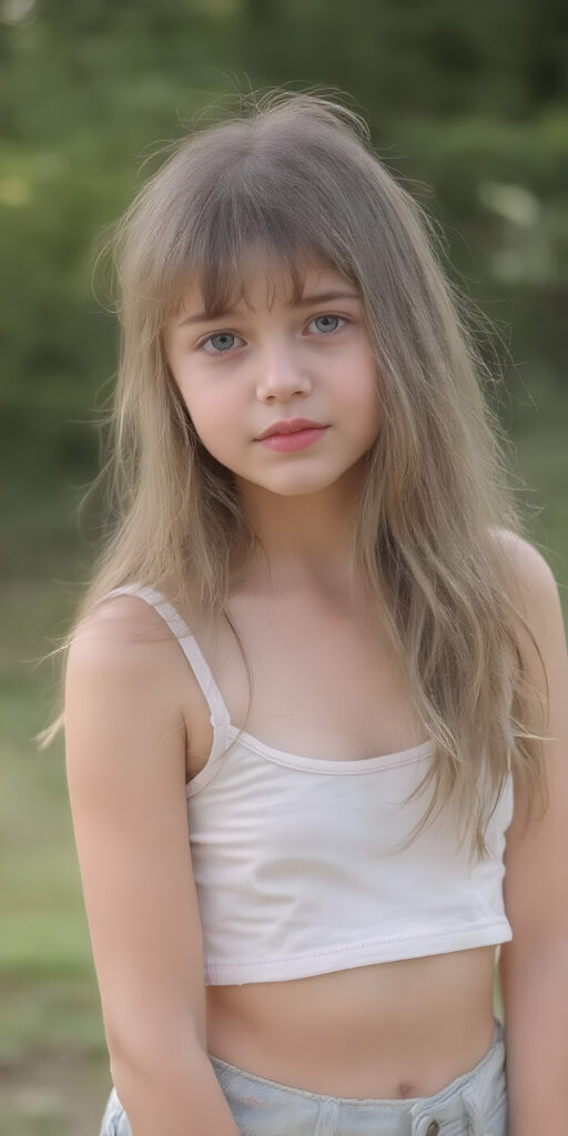 A (((very cute young girl))), age 18, with luxuriously long, straight thick wavy hair that extends past her shoulders and bangs that are cut to frame her face, dressed in a (((high-cut tank top))) that accentuates her (((perfect navel))) and (soft, youthful thighs). Her face is flawless with (clear skin) and (full, rosy lips) that add to her youthful appeal. She poses (full body side view) on a natural spring backdrop, highlighting her (navel) and (soft legs) in a playful yet sophisticated spring floral outfit