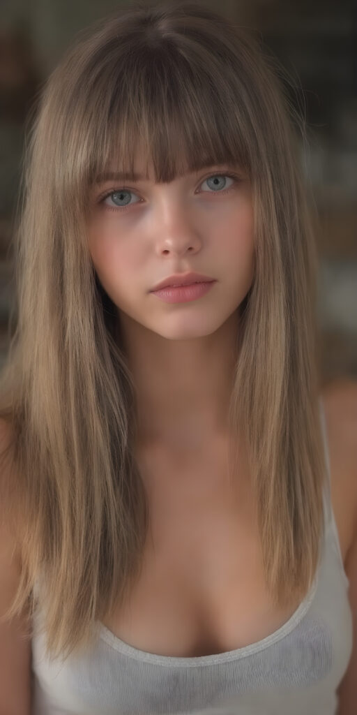 A (((very cute adult young girl))), with luxuriously long, straight thick hair that extends past her shoulders and bangs that are cut to frame her face, dressed in a (((high-cut tank top))) that accentuates her (((perfect navel))) and (soft, youthful thighs). Her face is flawless with (clear skin) and (full, red lips) that add to her youthful appeal. She poses (full body), highlighting her (navel)