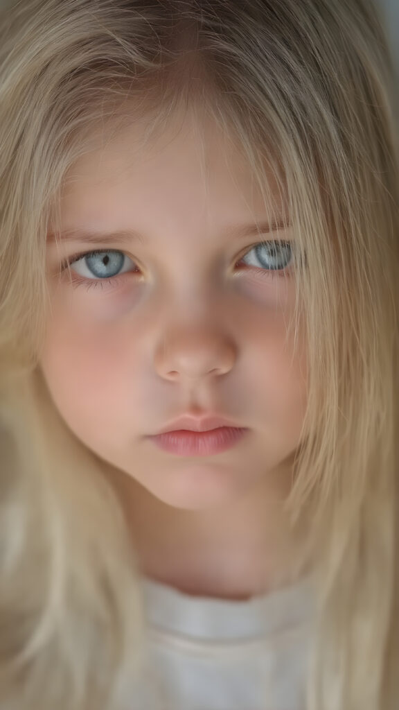 A (((very cute young girl), with (((extremely long, straight, thick, untucked natural white golden blonde hair))), which flows down to her hips, and (bright natural blue eyes), that reflect a soft glow, framing a (full, round face) with (full, defined lips) that are painted in (soft, natural tones) and (barely parted) to convey a sense of fatigue. Her expression is one of (extreme tiredness) and her hair is (pretty much untucked) with (pretty natural amber eyes) that convey a sense of (natural beauty). A ((perfectly detailed and evenly distributed 16K resolution, with intricate details and a warm, inviting tone, that gives off a (soft, natural glow))) completes this image, which exudes an (extreme feeling of tiredness) that is both inviting and (hyper realistic).