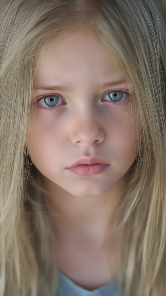 A (((very cute young girl), with (((extremely long, straight, thick, untucked natural white golden blonde hair))), which flows down to her hips, and (bright natural blue eyes), that reflect a soft glow, framing a (full, round face) with (full, defined lips) that are painted in (soft, natural tones) and (barely parted) to convey a sense of fatigue. Her expression is one of (extreme tiredness) and her hair is (pretty much untucked) with (pretty natural amber eyes) that convey a sense of (natural beauty). A ((perfectly detailed and evenly distributed 16K resolution, with intricate details and a warm, inviting tone, that gives off a (soft, natural glow))) completes this image, which exudes an (extreme feeling of tiredness) that is both inviting and (hyper realistic).