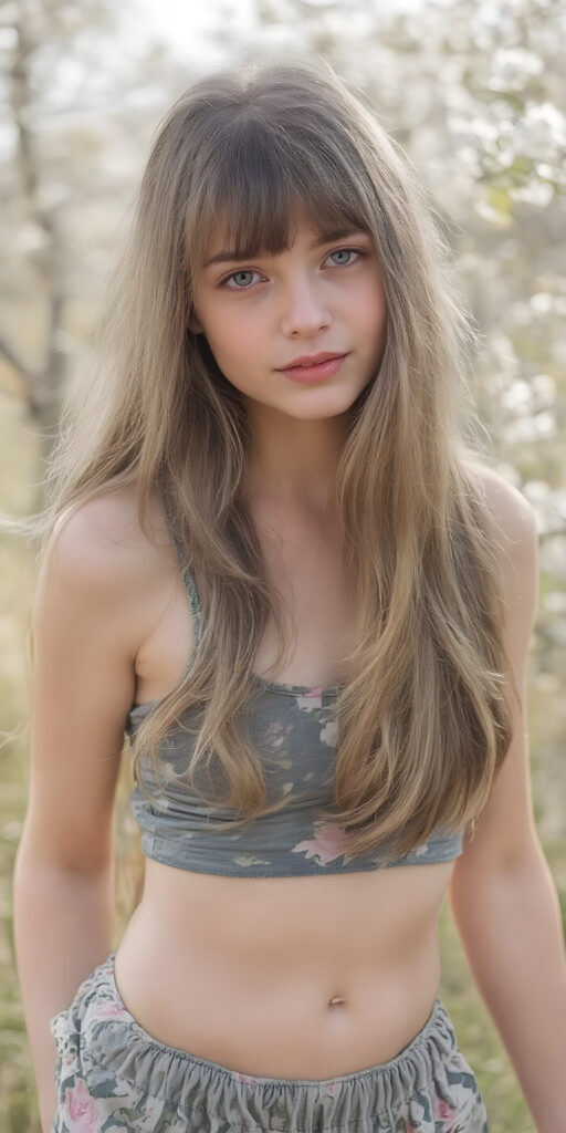 A (((very cute young girl))), age 18, with luxuriously long, straight thick wavy hair that extends past her shoulders and bangs that are cut to frame her face, dressed in a (((high-cut tank top))) that accentuates her (((perfect navel))) and (soft, youthful thighs). Her face is flawless with (clear skin) and (full, rosy lips) that add to her youthful appeal. She poses (full body side view) on a natural spring backdrop, highlighting her (navel) and (soft legs) in a playful yet sophisticated spring floral outfit