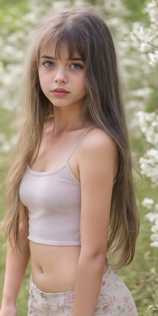 A (((very cute young girl))), age 18, with luxuriously long, straight thick wavy hair that extends past her shoulders and bangs that are cut to frame her face, dressed in a (((high-cut tank top))) that accentuates her (((perfect navel))) and (soft, youthful thighs). Her face is flawless with (clear skin) and (full, rosy lips) that add to her youthful appeal. She poses (full body side view) on a natural spring backdrop, highlighting her (navel) and (soft legs) in a playful yet sophisticated spring floral outfit