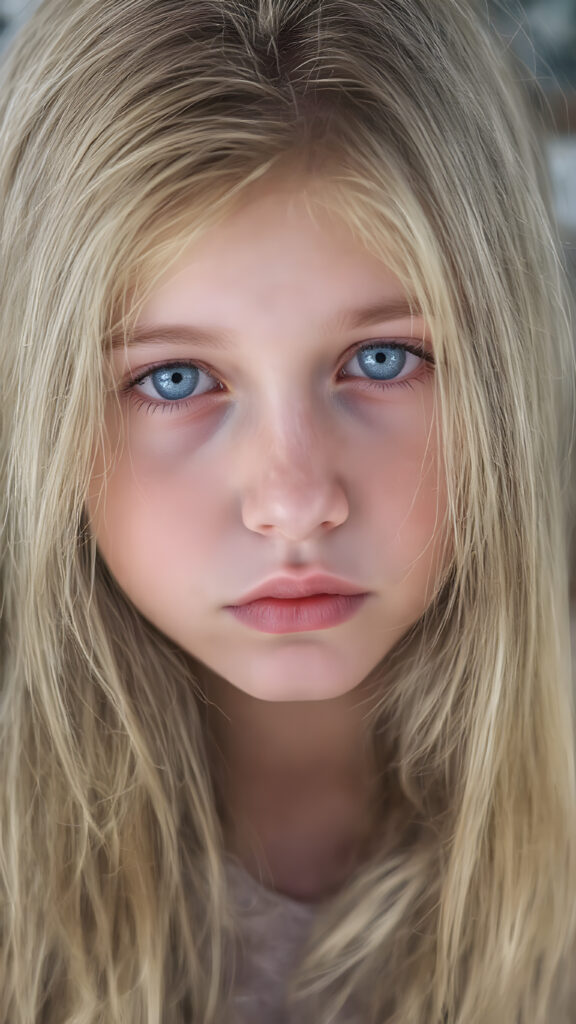 A (((very cute young girl), with (((extremely long, straight, thick, untucked natural white golden blonde hair))), which flows down to her hips, and (bright natural blue eyes), that reflect a soft glow, framing a (full, round face) with (full, defined lips) that are painted in (soft, natural tones) and (barely parted) to convey a sense of fatigue. Her expression is one of (extreme tiredness) and her hair is (pretty much untucked) with (pretty natural amber eyes) that convey a sense of (natural beauty). A ((perfectly detailed and evenly distributed 16K resolution, with intricate details and a warm, inviting tone, that gives off a (soft, natural glow))) completes this image, which exudes an (extreme feeling of tiredness) that is both inviting and (hyper realistic).