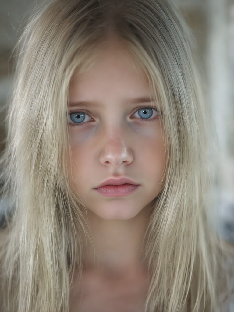 A (((very cute young girl), with (((extremely long, straight, thick, untucked natural white golden blonde hair))), which flows down to her hips, and (bright natural blue eyes), that reflect a soft glow, framing a (full, round face) with (full, defined lips) that are painted in (soft, natural tones) and (barely parted) to convey a sense of fatigue. Her expression is one of (extreme tiredness) and her hair is (pretty much untucked) with (pretty natural amber eyes) that convey a sense of (natural beauty). A ((perfectly detailed and evenly distributed 16K resolution, with intricate details and a warm, inviting tone, that gives off a (soft, natural glow))) completes this image, which exudes an (extreme feeling of tiredness) that is both inviting and (hyper realistic).