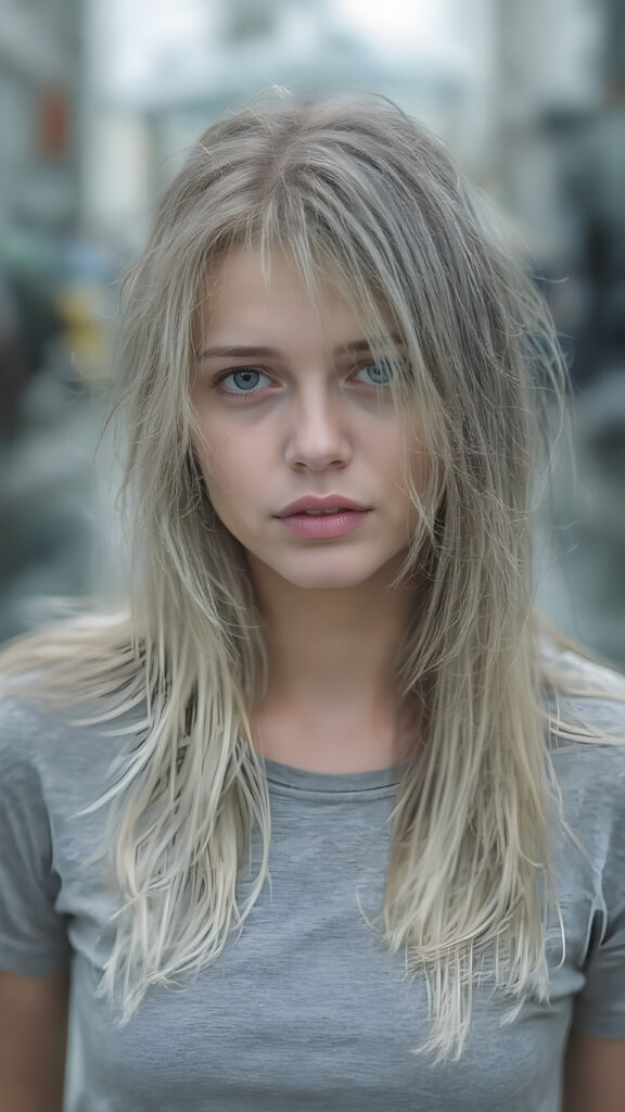 A (((very cute adult teen girl))), with pale skin and (((white wet hair, straight and long, with grey streaks))), that flows down her back in soft ((waves)), as she stands alone on a street in the (((rain))) with a grey t-shirt that clings to her body like a second skin. The t-shirt is (white with grey accents) and is fitted, emphasizing her (skinny, yet softly curved figure). Her skin is (wet and shining), as if caught mid-moment, reflecting a mix of realism and ethereal beauty. She is not wearing any additional (warm) clothing, and her hair is long, soft, and straight, with a few natural white streaks. Her face is (natural and detailed), with (bright, hyper-realistic eyes) that stand out. She has (beautiful lips) that are (full and defined) and (natural in color). The overall image is a (high-resolution, HD photograph) that captures her in a (natural and realistic pose), with her tresses flowing gently in the wind.