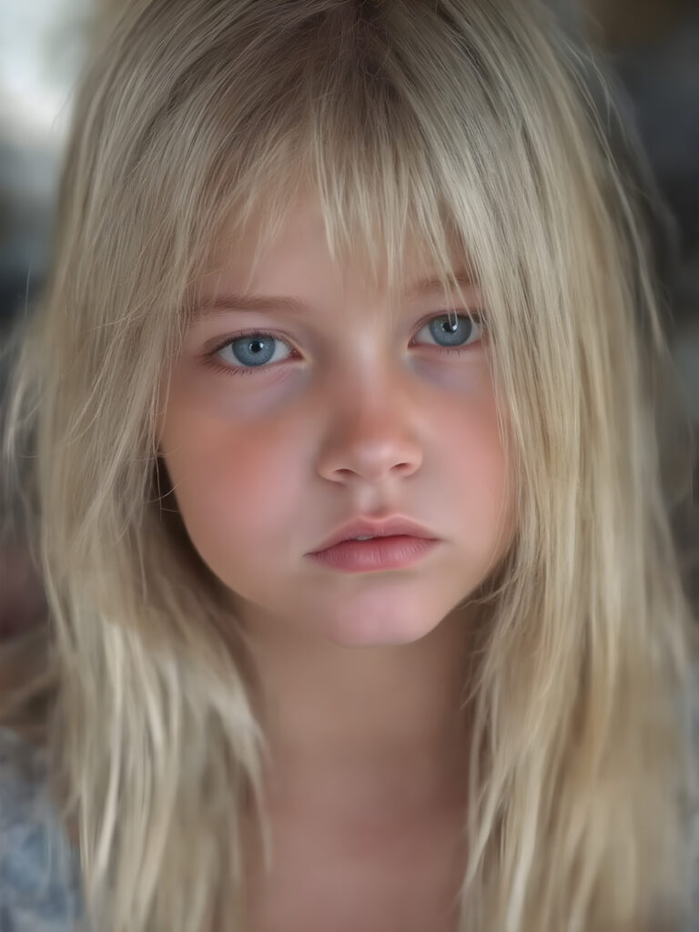 A (((very cute young girl), with (((extremely long, straight, thick, untucked natural white golden blonde hair))), which flows down to her hips, and (bright natural blue eyes), that reflect a soft glow, framing a (full, round face) with (full, defined lips) that are painted in (soft, natural tones) and (barely parted) to convey a sense of fatigue. Her expression is one of (extreme tiredness) and her hair is (pretty much untucked) with (pretty natural amber eyes) that convey a sense of (natural beauty). A ((perfectly detailed and evenly distributed 16K resolution, with intricate details and a warm, inviting tone, that gives off a (soft, natural glow))) completes this image, which exudes an (extreme feeling of tiredness) that is both inviting and (hyper realistic).