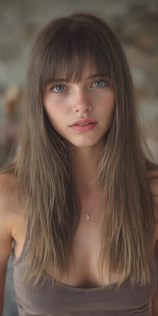 A (((very cute adult young girl))), with luxuriously long, straight thick hair that extends past her shoulders and bangs that are cut to frame her face, dressed in a (((high-cut tank top))) that accentuates her (((perfect navel))) and (soft, youthful thighs). Her face is flawless with (clear skin) and (full, red lips) that add to her youthful appeal. She poses (full body), highlighting her (navel)