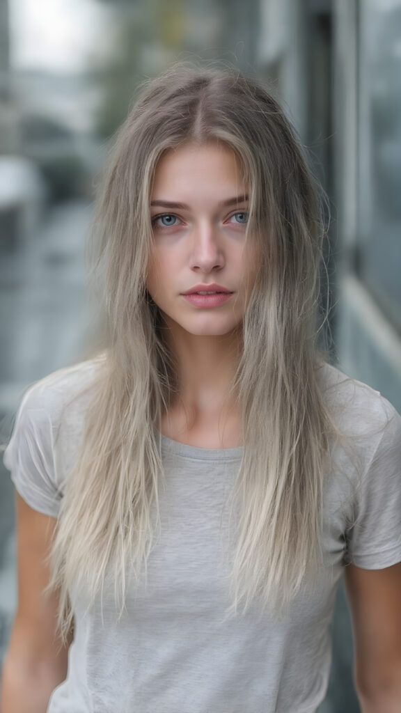A (((very cute adult teen girl))), with pale skin and (((white wet hair, straight and long, with grey streaks))), that flows down her back in soft ((waves)), as she stands alone on a street in the (((rain))) with a grey t-shirt that clings to her body like a second skin. The t-shirt is (white with grey accents) and is fitted, emphasizing her (skinny, yet softly curved figure). Her skin is (wet and shining), as if caught mid-moment, reflecting a mix of realism and ethereal beauty. She is not wearing any additional (warm) clothing, and her hair is long, soft, and straight, with a few natural white streaks. Her face is (natural and detailed), with (bright, hyper-realistic eyes) that stand out. She has (beautiful lips) that are (full and defined) and (natural in color). The overall image is a (high-resolution, HD photograph) that captures her in a (natural and realistic pose), with her tresses flowing gently in the wind.