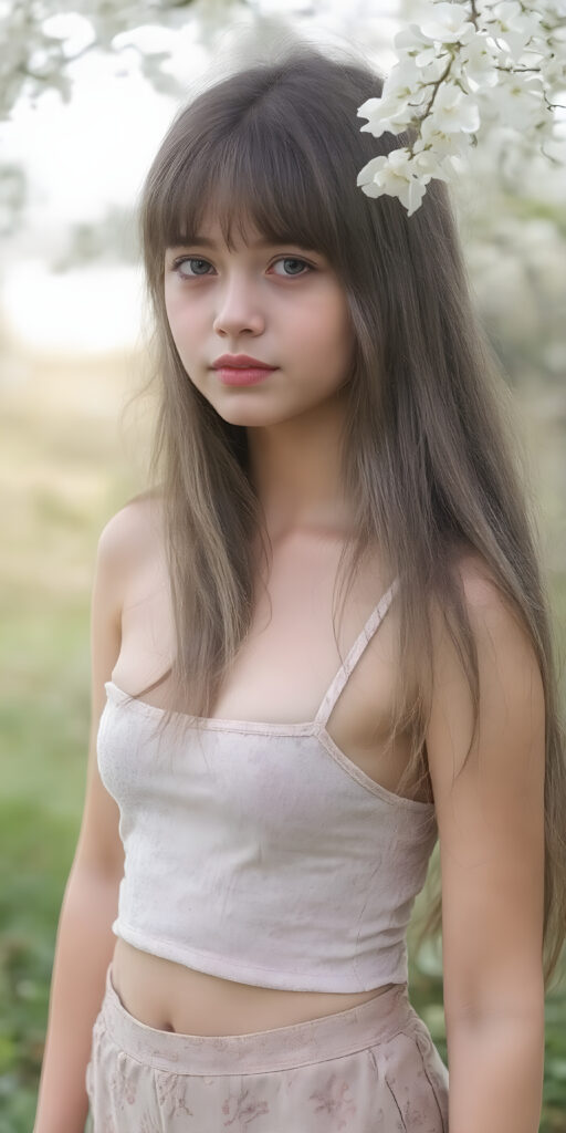 A (((very cute young girl))), age 18, with luxuriously long, straight thick wavy hair that extends past her shoulders and bangs that are cut to frame her face, dressed in a (((high-cut tank top))) that accentuates her (((perfect navel))) and (soft, youthful thighs). Her face is flawless with (clear skin) and (full, rosy lips) that add to her youthful appeal. She poses (full body side view) on a natural spring backdrop, highlighting her (navel) and (soft legs) in a playful yet sophisticated spring floral outfit
