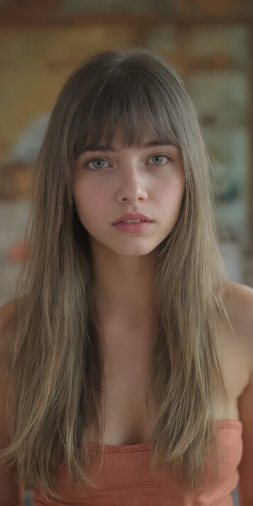 A (((very cute adult young girl))), with luxuriously long, straight thick hair that extends past her shoulders and bangs that are cut to frame her face, dressed in a (((high-cut tank top))) that accentuates her (((perfect navel))) and (soft, youthful thighs). Her face is flawless with (clear skin) and (full, red lips) that add to her youthful appeal. She poses (full body), highlighting her (navel)