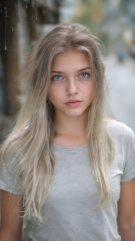 A (((very cute adult teen girl))), with pale skin and (((white wet hair, straight and long, with grey streaks))), that flows down her back in soft ((waves)), as she stands alone on a street in the (((rain))) with a grey t-shirt that clings to her body like a second skin. The t-shirt is (white with grey accents) and is fitted, emphasizing her (skinny, yet softly curved figure). Her skin is (wet and shining), as if caught mid-moment, reflecting a mix of realism and ethereal beauty. She is not wearing any additional (warm) clothing, and her hair is long, soft, and straight, with a few natural white streaks. Her face is (natural and detailed), with (bright, hyper-realistic eyes) that stand out. She has (beautiful lips) that are (full and defined) and (natural in color). The overall image is a (high-resolution, HD photograph) that captures her in a (natural and realistic pose), with her tresses flowing gently in the wind.