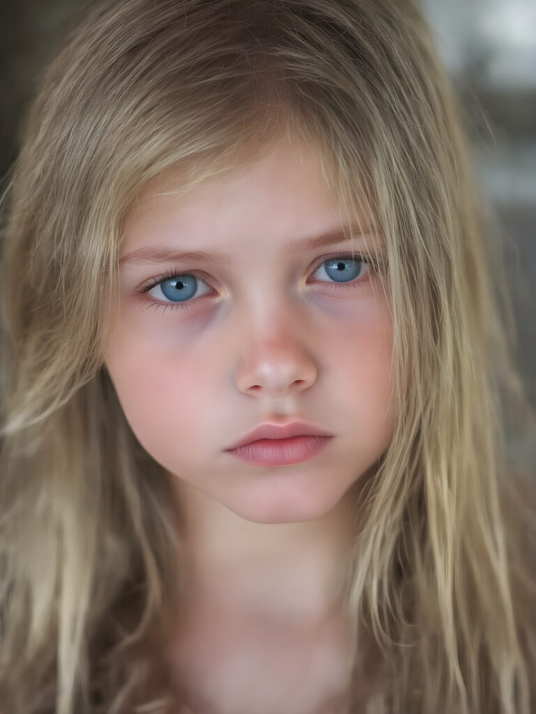 A (((very cute young girl), with (((extremely long, straight, thick, untucked natural white golden blonde hair))), which flows down to her hips, and (bright natural blue eyes), that reflect a soft glow, framing a (full, round face) with (full, defined lips) that are painted in (soft, natural tones) and (barely parted) to convey a sense of fatigue. Her expression is one of (extreme tiredness) and her hair is (pretty much untucked) with (pretty natural amber eyes) that convey a sense of (natural beauty). A ((perfectly detailed and evenly distributed 16K resolution, with intricate details and a warm, inviting tone, that gives off a (soft, natural glow))) completes this image, which exudes an (extreme feeling of tiredness) that is both inviting and (hyper realistic).