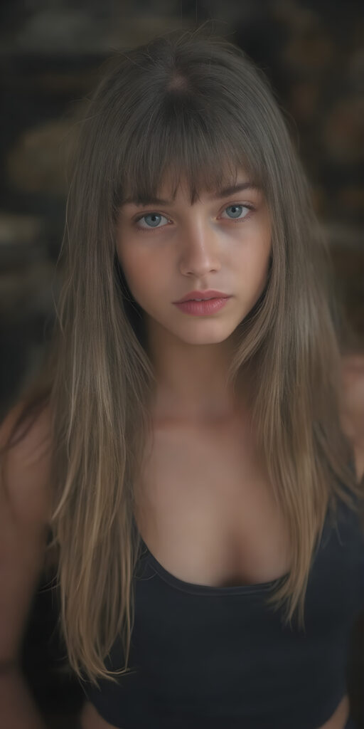 A (((very cute adult young girl))), with luxuriously long, straight thick hair that extends past her shoulders and bangs that are cut to frame her face, dressed in a (((high-cut tank top))) that accentuates her (((perfect navel))) and (soft, youthful thighs). Her face is flawless with (clear skin) and (full, red lips) that add to her youthful appeal. She poses (full body), highlighting her (navel)