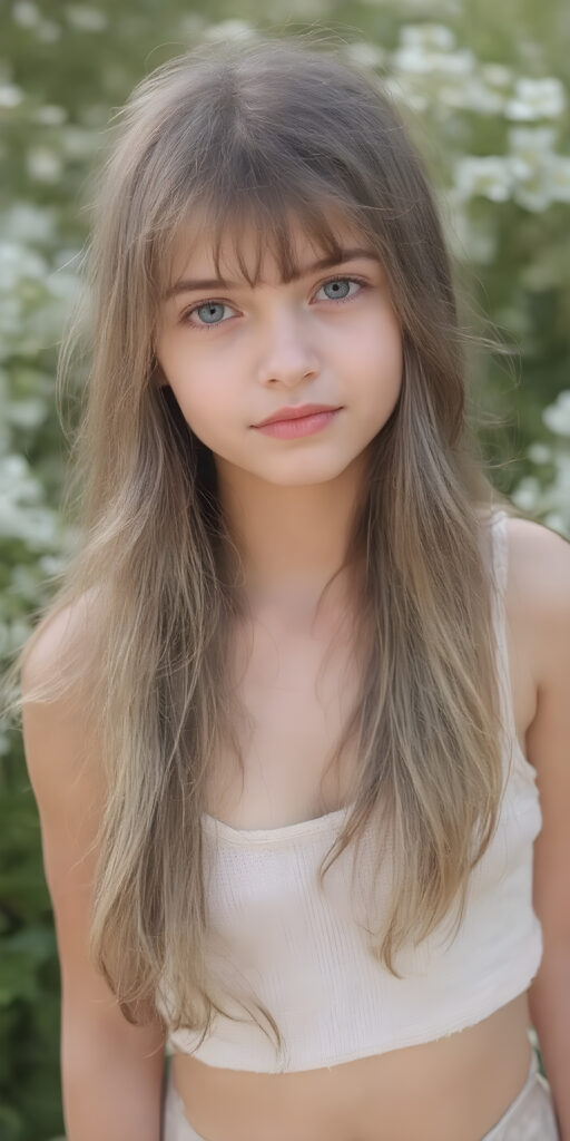 A (((very cute young girl))), age 18, with luxuriously long, straight thick wavy hair that extends past her shoulders and bangs that are cut to frame her face, dressed in a (((high-cut tank top))) that accentuates her (((perfect navel))) and (soft, youthful thighs). Her face is flawless with (clear skin) and (full, rosy lips) that add to her youthful appeal. She poses (full body side view) on a natural spring backdrop, highlighting her (navel) and (soft legs) in a playful yet sophisticated spring floral outfit