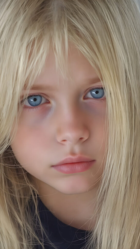 A (((very cute young girl), with (((extremely long, straight, thick, untucked natural white golden blonde hair))), which flows down to her hips, and (bright natural blue eyes), that reflect a soft glow, framing a (full, round face) with (full, defined lips) that are painted in (soft, natural tones) and (barely parted) to convey a sense of fatigue. Her expression is one of (extreme tiredness) and her hair is (pretty much untucked) with (pretty natural amber eyes) that convey a sense of (natural beauty). A ((perfectly detailed and evenly distributed 16K resolution, with intricate details and a warm, inviting tone, that gives off a (soft, natural glow))) completes this image, which exudes an (extreme feeling of tiredness) that is both inviting and (hyper realistic).
