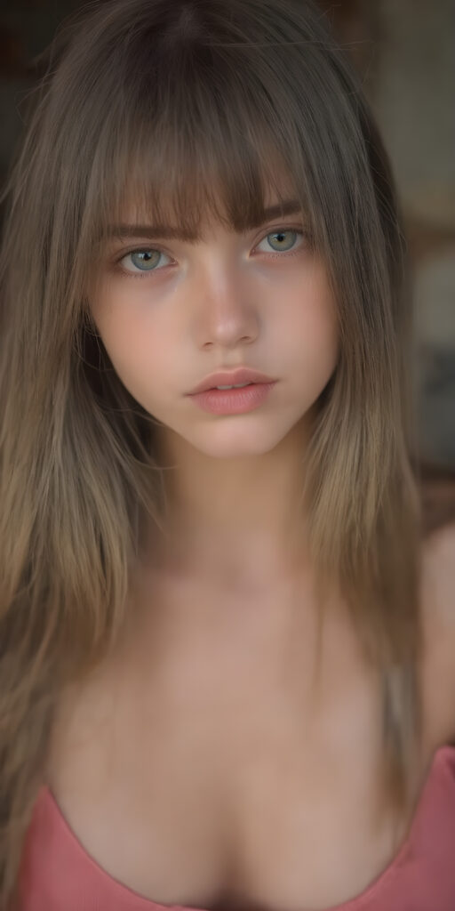 A (((very cute adult young girl))), with luxuriously long, straight thick hair that extends past her shoulders and bangs that are cut to frame her face, dressed in a (((high-cut tank top))) that accentuates her (((perfect navel))) and (soft, youthful thighs). Her face is flawless with (clear skin) and (full, red lips) that add to her youthful appeal. She poses (full body), highlighting her (navel)