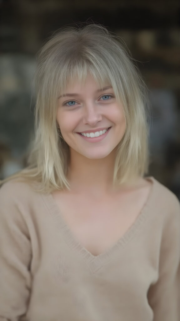A (((very happy and attractive natural-looking adult tomboy girl))) with pale skin and (straight blond hair) that gives off a warm, happy glow, complemented by (natural, light makeup) and a playful smile, wearing a (short, simple, low-cut, high-waisted cotton sweater) and (tattered denim shorts) that add to her youthful, carefree vibe