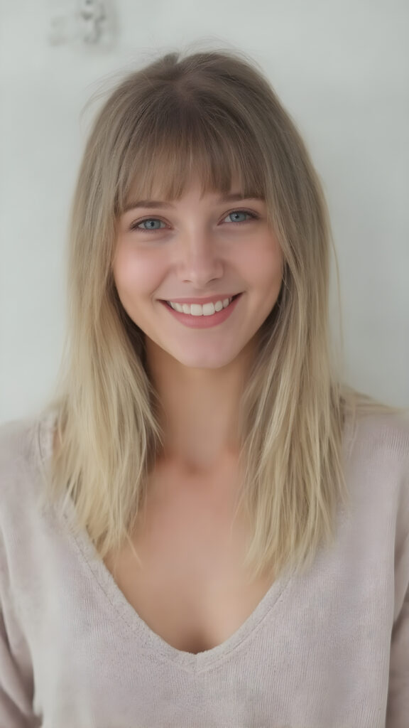 A (((very happy and attractive natural-looking adult tomboy girl))) with pale skin and (straight blond hair) that gives off a warm, happy glow, complemented by (natural, light makeup) and a playful smile, wearing a (short, simple, low-cut, high-waisted cotton sweater) and (tattered denim shorts) that add to her youthful, carefree vibe