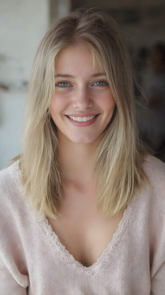 A (((very happy and attractive natural-looking adult tomboy girl))) with pale skin and (straight blond hair) that gives off a warm, happy glow, complemented by (natural, light makeup) and a playful smile, wearing a (short, simple, low-cut, high-waisted cotton sweater) and (tattered denim shorts) that add to her youthful, carefree vibe