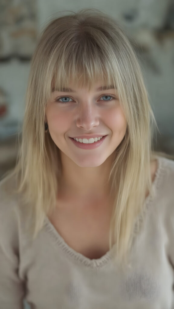 A (((very happy and attractive natural-looking adult tomboy girl))) with pale skin and (straight blond hair) that gives off a warm, happy glow, complemented by (natural, light makeup) and a playful smile, wearing a (short, simple, low-cut, high-waisted cotton sweater) and (tattered denim shorts) that add to her youthful, carefree vibe