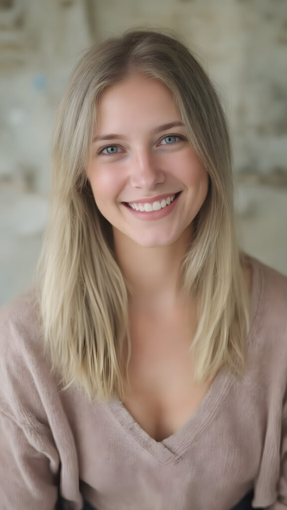 A (((very happy and attractive natural-looking adult tomboy girl))) with pale skin and (straight blond hair) that gives off a warm, happy glow, complemented by (natural, light makeup) and a playful smile, wearing a (short, simple, low-cut, high-waisted cotton sweater) and (tattered denim shorts) that add to her youthful, carefree vibe