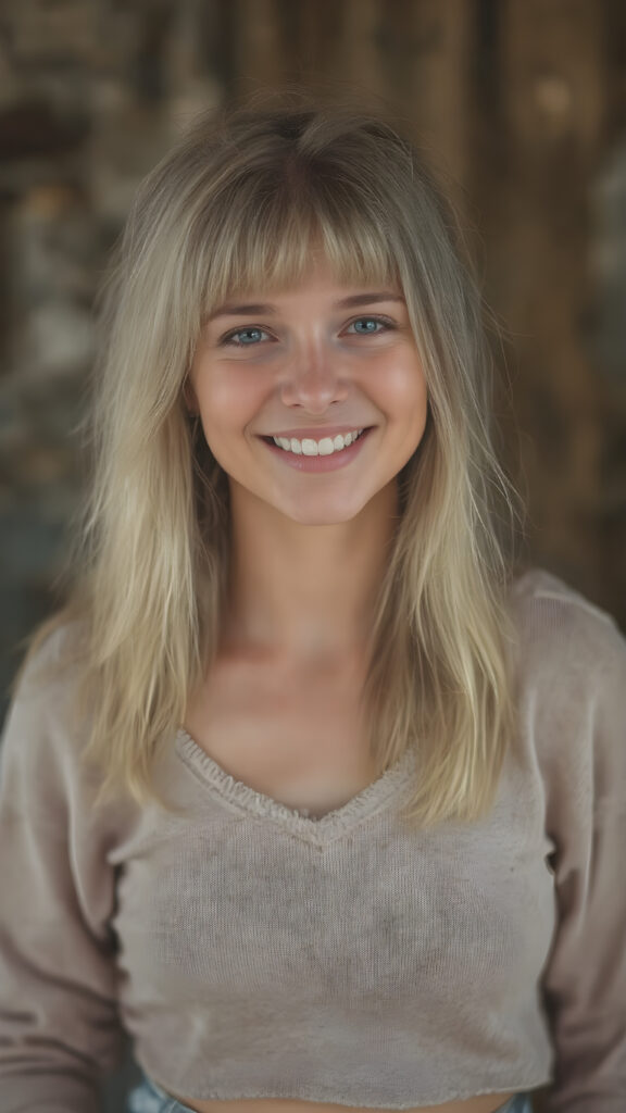 A (((very happy and attractive natural-looking adult tomboy girl))) with pale skin and (straight blond hair) that gives off a warm, happy glow, complemented by (natural, light makeup) and a playful smile, wearing a (short, simple, low-cut, high-waisted cotton sweater) and (tattered denim shorts) that add to her youthful, carefree vibe