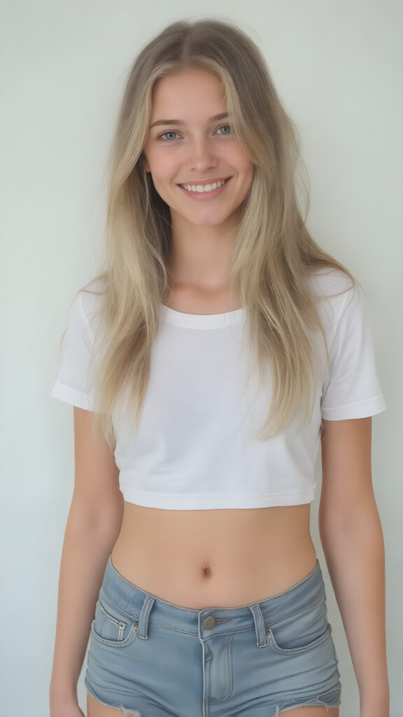 A (((very innocent 21-year-old blonde girl))), with a ((distinctively small waist)), ((brightly curved thighs)), and (softly upturned cheeks), her hair is long and wavy. She's dressed in a ((extra low-cut, tight, white T-shirt)) and ((tightly tied, short, denim jean shorts)), posed confidently with a warm smile directed at the viewer.