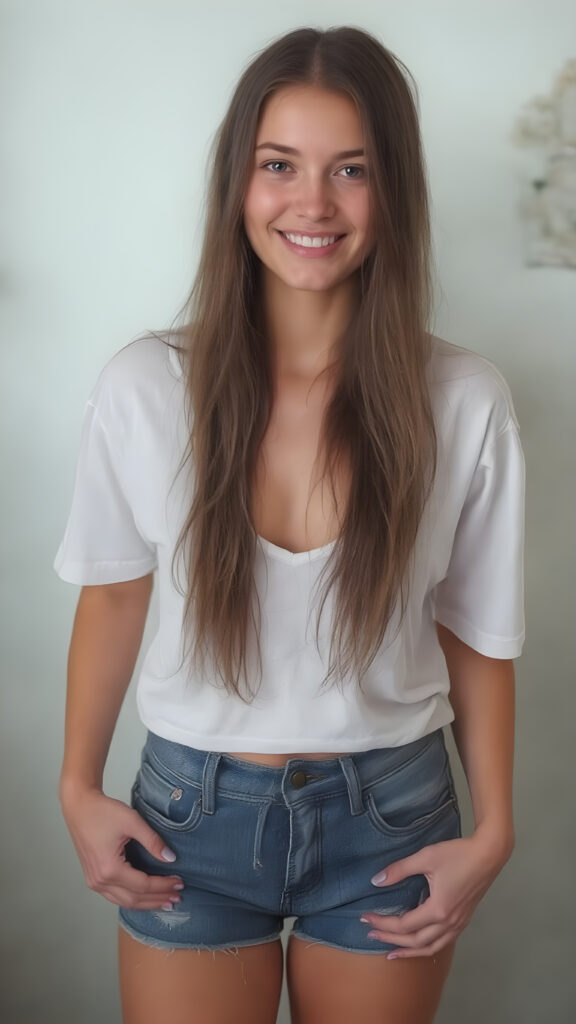 A (((very innocent 21-year-old brunette girl))), with a ((distinctively small waist)), ((brightly curved thighs)), and (softly upturned cheeks), her hair is long and wavy. She's dressed in a ((extra low-cut, tight, white T-shirt)) and ((tightly tied, short, denim jean shorts)), posed confidently with a warm smile directed at the viewer.
