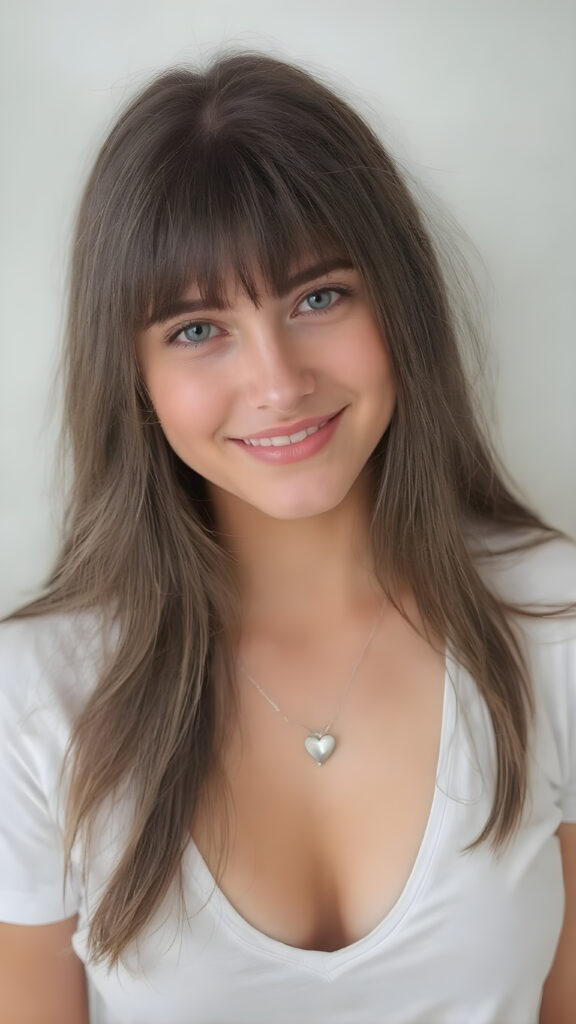 A (((very innocent 21-year-old brunette well busty girl))), with a ((distinctively small waist)), ((brightly curved thighs)), and (softly upturned cheeks), her hair is long and straight, bangs. She's dressed in a ((low-cut deep neck, white T-shirt)), posed confidently with a warm smile directed at the viewer, she wears a silver necklace with a heart Sharp focus