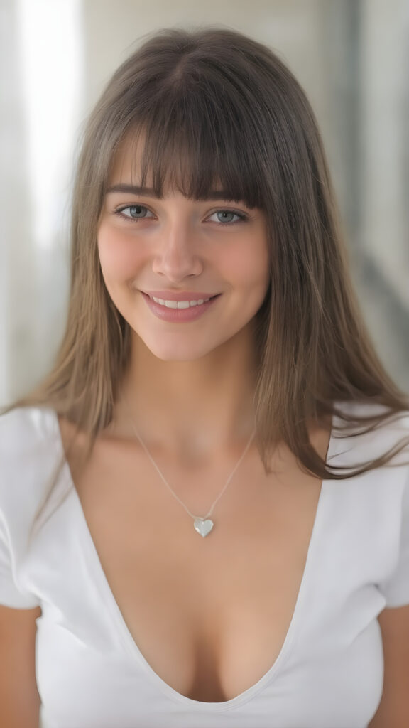 A (((very innocent 21-year-old brunette well busty girl))), with a ((distinctively small waist)), ((brightly curved thighs)), and (softly upturned cheeks), her hair is long and straight, bangs. She's dressed in a ((low-cut deep neck, white T-shirt)), posed confidently with a warm smile directed at the viewer, she wears a silver necklace with a heart Sharp focus