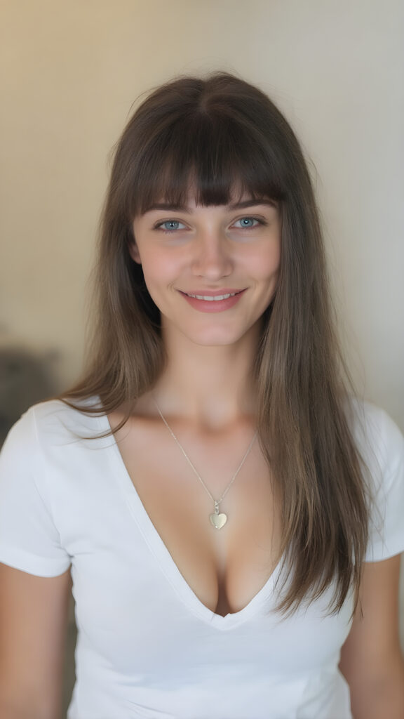 A (((very innocent 21-year-old brunette well busty girl))), with a ((distinctively small waist)), ((brightly curved thighs)), and (softly upturned cheeks), her hair is long and straight, bangs. She's dressed in a ((low-cut deep neck, white T-shirt)), posed confidently with a warm smile directed at the viewer, she wears a silver necklace with a heart Sharp focus