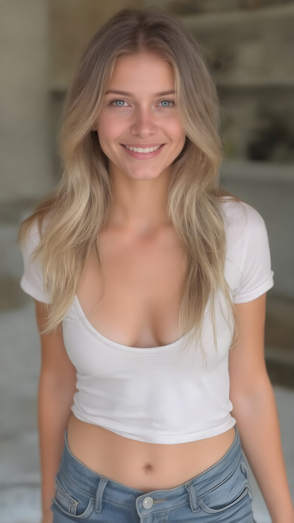 A (((very innocent 21-year-old blonde girl))), with a ((distinctively small waist)), ((brightly curved thighs)), and (softly upturned cheeks), her hair is long and wavy. She's dressed in a ((extra low-cut, tight, white T-shirt)) and ((tightly tied, short, denim jean shorts)), posed confidently with a warm smile directed at the viewer.