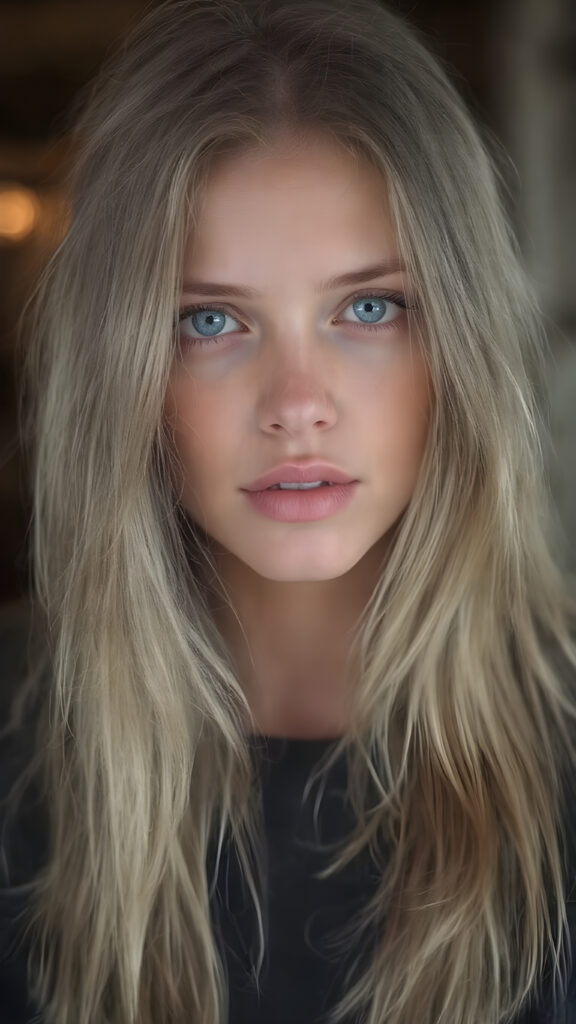 A very pretty, beautiful, slender, and fit Nordic girl of around 18 years, with long, straight, blondish-tinted hair, and (((natural, light-colored skin))), that gives off a soft, warm glow. Her lips are full, painted in a soft, natural pink, and her eyes are a striking (((blue color))), with long lashes and bright definition. Her skin is clear, with a healthy glow, and her hair is long, straight, and flowing, with the tips softly waving and gently bending into a natural pose. She's exuding an air of youthful confidence and vitality