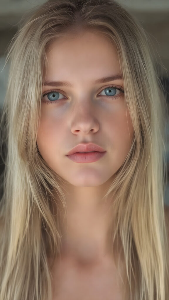 A very pretty, beautiful, slender, and fit Nordic girl of around 18 years, with long, straight, blondish-tinted hair, and (((natural, light-colored skin))), that gives off a soft, warm glow. Her lips are full, painted in a soft, natural pink, and her eyes are a striking (((blue color))), with long lashes and bright definition. Her skin is clear, with a healthy glow, and her hair is long, straight, and flowing, with the tips softly waving and gently bending into a natural pose. She's exuding an air of youthful confidence and vitality
