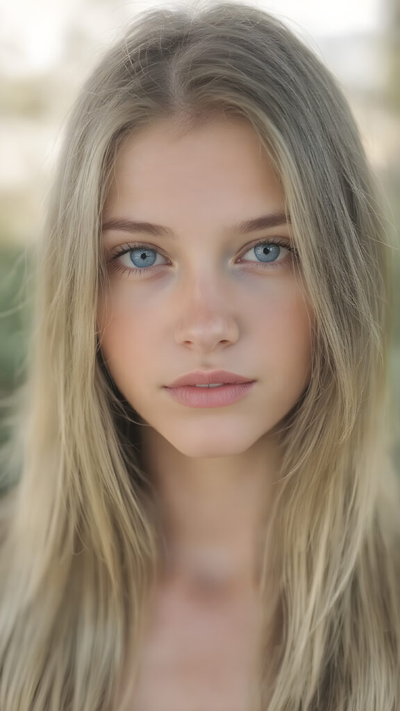 A very pretty, beautiful, slender, and fit Nordic girl of around 18 years, with long, straight, blondish-tinted hair, and (((natural, light-colored skin))), that gives off a soft, warm glow. Her lips are full, painted in a soft, natural pink, and her eyes are a striking (((blue color))), with long lashes and bright definition. Her skin is clear, with a healthy glow, and her hair is long, straight, and flowing, with the tips softly waving and gently bending into a natural pose. She's exuding an air of youthful confidence and vitality