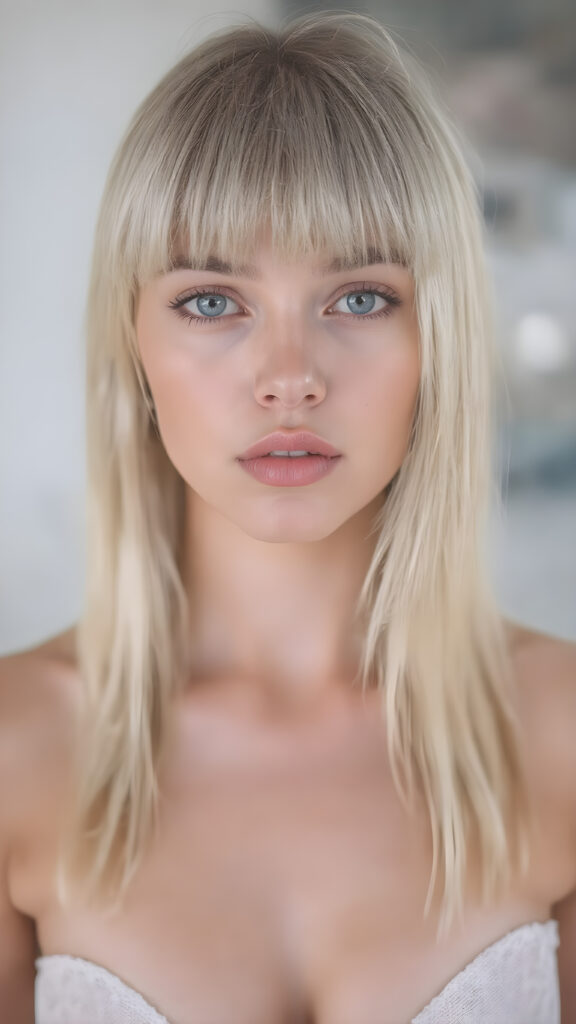 A (((very realistic full-length front view))), with intricate details, capturing a (((girl with straight blond hair))), who exudes confidence and vitality, striking bangs that add a playful touch without overshadowing her face, beautifully made eyes that match her gaze perfectly, (((full plump lips))) that convey a sense of balance and symmetry, perfectly drawn nose that complements her face, (((perfectly aligned ears))), and a flawless complexion that gives off a (soft glow). She’s dressed in a (tight, sheer, very low-cut translucent white mesh dress) that accentuates her toned, natural legs and perfectly complements her face and (tanned, natural skin)