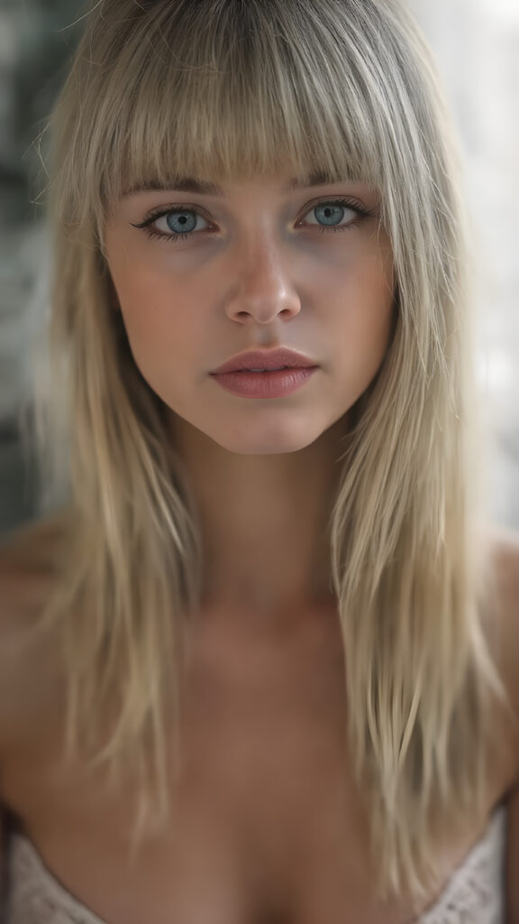 A (((very realistic full-length front view))), with intricate details, capturing a (((girl with straight blond hair))), who exudes confidence and vitality, striking bangs that add a playful touch without overshadowing her face, beautifully made eyes that match her gaze perfectly, (((full plump lips))) that convey a sense of balance and symmetry, perfectly drawn nose that complements her face, (((perfectly aligned ears))), and a flawless complexion that gives off a (soft glow). She’s dressed in a (tight, sheer, very low-cut translucent white mesh dress) that accentuates her toned, natural legs and perfectly complements her face and (tanned, natural skin)