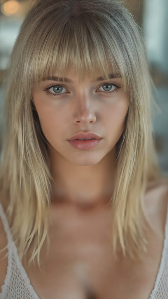 A (((very realistic full-length front view))), with intricate details, capturing a (((girl with straight blond hair))), who exudes confidence and vitality, striking bangs that add a playful touch without overshadowing her face, beautifully made eyes that match her gaze perfectly, (((full plump lips))) that convey a sense of balance and symmetry, perfectly drawn nose that complements her face, (((perfectly aligned ears))), and a flawless complexion that gives off a (soft glow). She’s dressed in a (tight, sheer, very low-cut translucent white mesh dress) that accentuates her toned, natural legs and perfectly complements her face and (tanned, natural skin)