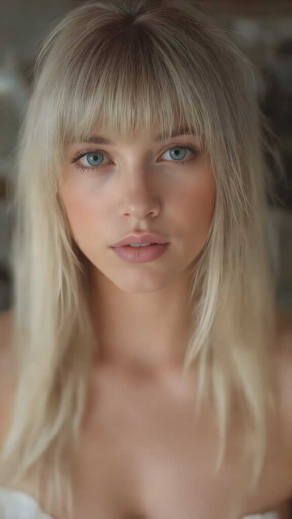 A (((very realistic full-length front view))), with intricate details, capturing a (((girl with straight blond hair))), who exudes confidence and vitality, striking bangs that add a playful touch without overshadowing her face, beautifully made eyes that match her gaze perfectly, (((full plump lips))) that convey a sense of balance and symmetry, perfectly drawn nose that complements her face, (((perfectly aligned ears))), and a flawless complexion that gives off a (soft glow). She’s dressed in a (tight, sheer, very low-cut translucent white mesh dress) that accentuates her toned, natural legs and perfectly complements her face and (tanned, natural skin)