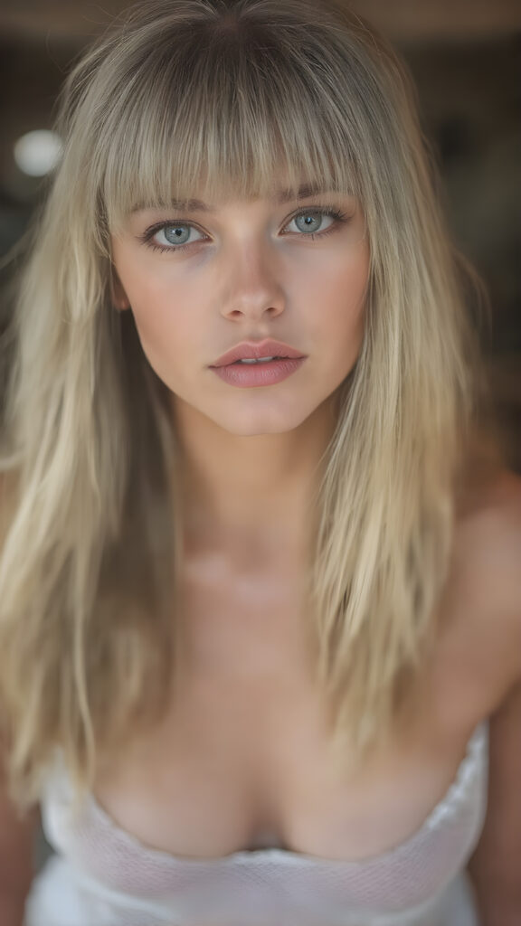 A (((very realistic full-length front view))), with intricate details, capturing a (((girl with straight blond hair))), who exudes confidence and vitality, striking bangs that add a playful touch without overshadowing her face, beautifully made eyes that match her gaze perfectly, (((full plump lips))) that convey a sense of balance and symmetry, perfectly drawn nose that complements her face, (((perfectly aligned ears))), and a flawless complexion that gives off a (soft glow). She’s dressed in a (tight, sheer, very low-cut translucent white mesh dress) that accentuates her toned, natural legs and perfectly complements her face and (tanned, natural skin)