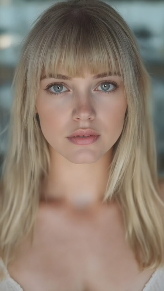 A (((very realistic full-length front view))), with intricate details, capturing a (((girl with straight blond hair))), who exudes confidence and vitality, striking bangs that add a playful touch without overshadowing her face, beautifully made eyes that match her gaze perfectly, (((full plump lips))) that convey a sense of balance and symmetry, perfectly drawn nose that complements her face, (((perfectly aligned ears))), and a flawless complexion that gives off a (soft glow). She’s dressed in a (tight, sheer, very low-cut translucent white mesh dress) that accentuates her toned, natural legs and perfectly complements her face and (tanned, natural skin)