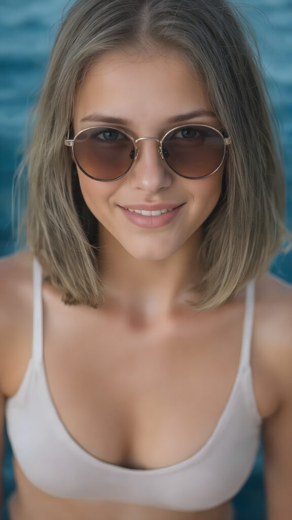 A very realistic (((full body shot))) of a (((young adult busty girl))), with a tanned and freckled complexion, around 18 years old, sporting white sport bra with a deep v-neck, and classic round sunglasses, straight bob haircut, posed confidently with a warm smile. The setting is the deep blue sea, showcasing ultra realistic details, high resolution, UHD, with a vibrant color palette that brings out the natural beauty of the ocean and the young girl looking straight into the camera.