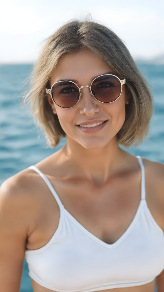 A very realistic (((full body shot))) of a (((young adult busty girl))), with a tanned and freckled complexion, around 18 years old, sporting white sport bra with a deep v-neck, and classic round sunglasses, straight bob haircut, posed confidently with a warm smile. The setting is the deep blue sea, showcasing ultra realistic details, high resolution, UHD, with a vibrant color palette that brings out the natural beauty of the ocean and the young girl looking straight into the camera.
