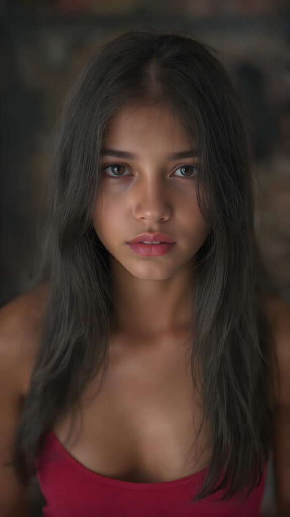 A (((very young, (((well-bustified cute valkyrie with a sleek, toned and tan body))), with long, straight soft black hair, wearing a ((short, tight, low-cut tank top)) that accentuates her ((perfectly round face)) and flawlessly smooth skin. Her ((full kissable lips)) are painted in a (bright red lipstick) that complements her (((seductive eyes))), which are framed by (black eye makeup) that enhances her (alluring gaze). (((Her youthful complexion is evident from her (freshly shampooed locks), whose curls gracefully frame her face in a (seductive pose). The scene is set against a (softly backlit backdrop) that (flatters her figure) and (enhances her alluring gaze)